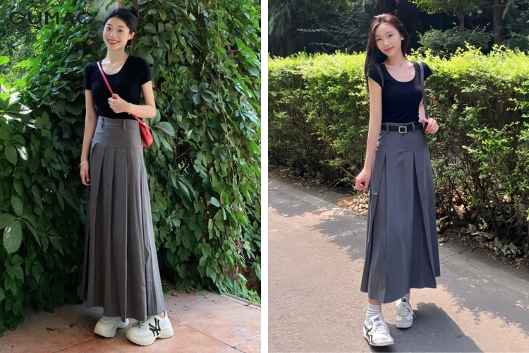 Cách phối đồ với chân váy xếp ly dài tôn dáng cho nàng